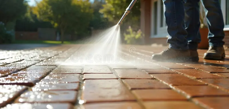 high pressure washer cleaning block paving outdoors